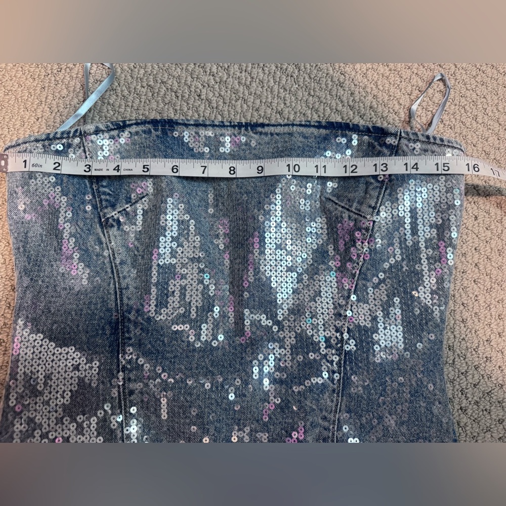 GRLFRND Sequin Strapless Denim Midi Dress Light Wash Blue GF4576-S24 Size Medium - Picture 8 of 8